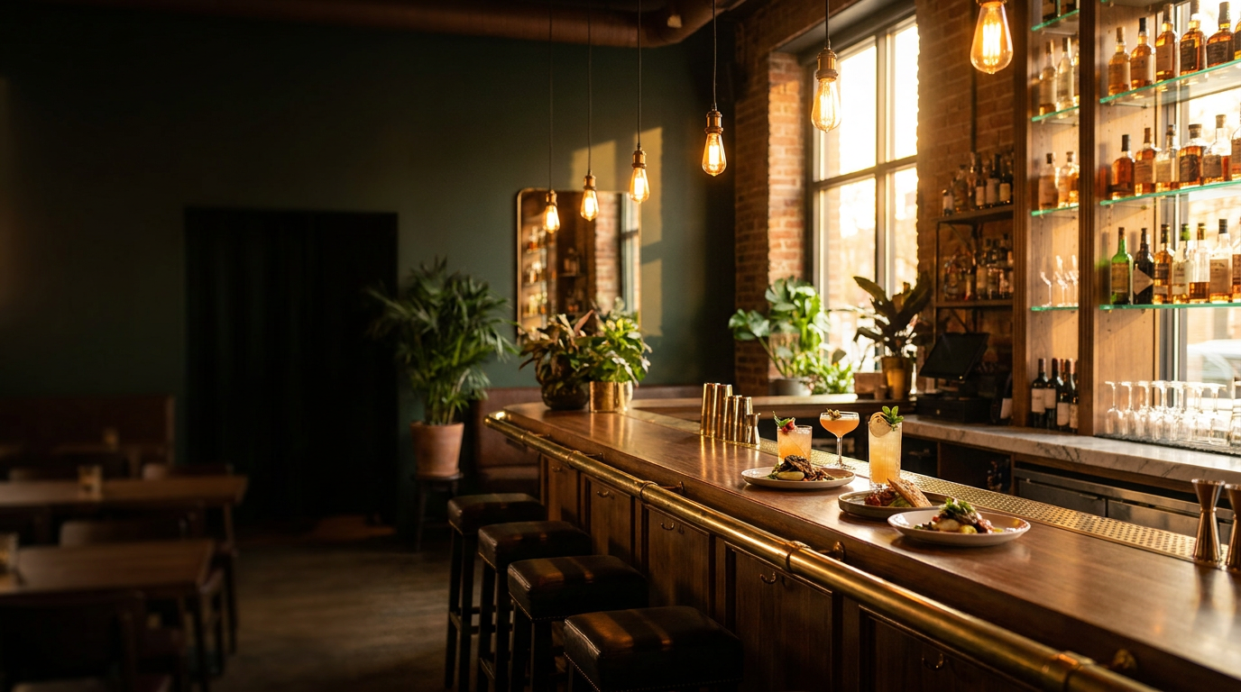 Intérieur chaleureux du bistro Le Comptoir à l'heure dorée